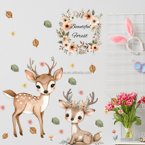 Guirlande d'élans en aquarelle mignonne, autocollant mural de dessin animé, décoration de chambre d'enfant, salon, papier peint, autocollants autocollants - Product Image 6