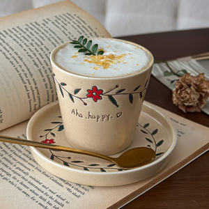 ถ้วยชาและจานรองเซรามิกขายส่ง ลายดอกไม้สไตล์วินเทจ ถ้วยกาแฟเซรามิก ถ้วยลาเต้ไม่มีหูจับ - Product Image 6