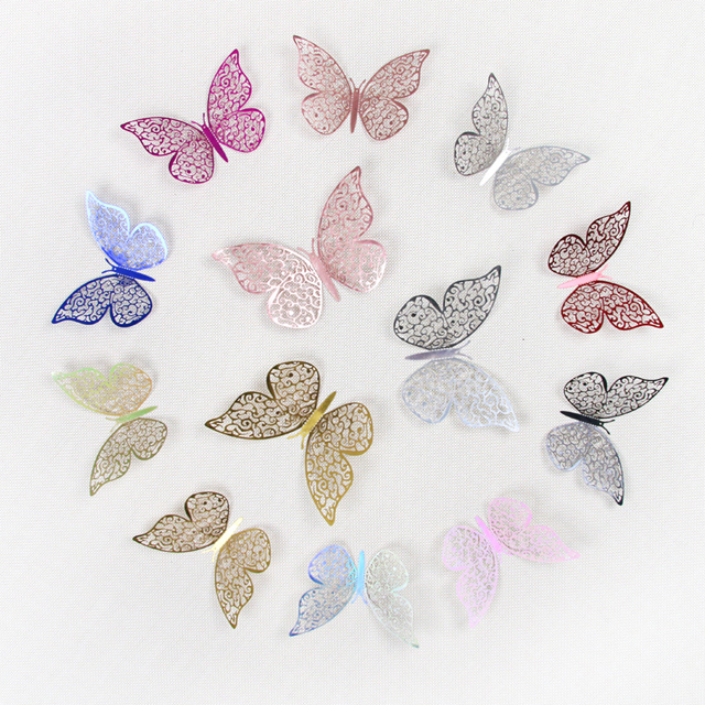 12 pièces papillon 3d stickers muraux décor noir or paillettes papier 3d papillon décoration pour la maison