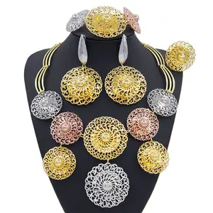 Yulaili Tri-color Rhinestone Pendant Big Necklace Earrings Bracelet Ring Dubai Gold Jewelry Sets For Women Wedding Access