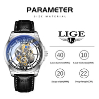 Reloj LIGE LG8997 de Cuero Negro Transparente para Hombre, Reloj de Hombre con Diseño Hueco, Reloj de Cuarzo para Negocios, Resistente al Agua, Deportivo, Casual, Cronógrafo