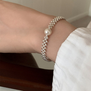 S925 Sterling Silver Pearl <b>Bracelet</b> White <b>Bead</b> Woven Minimalist Design Women's Everyday Wear Jewelry - Product Image 1