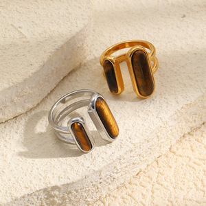 Stainless Steel 18K Gold Plated <b>Tiger</b> <b>Eye</b> Stone Open <b>Ring</b> Retro Geometric Statement Finger <b>Ring</b> For Women Trendy Daily Jewelry - Product Image 6