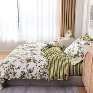 Reversible Duvet Cover Set Durable Floral 100% Cotton <strong>Green</strong> and Beige <strong>Striped</strong> Shabby Flower <strong>Bedding</strong> Soft with Zipper - Product Image 4