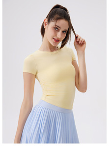 Women Ruched Side <b>Asymmetrical</b> <b>Hem</b> Yoga Crop <b>Top</b> Short Sleeve Slim Fit Soft Workout T-Shirt Tennis Pilates Athletic Shirt - Product Image 2