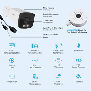 Caméra IP hybride POE 6MP, extérieure, type bullet, intelligente, double éclairage IR et couleur, détection humaine/véhicule, micro intégré, entièrement métallique, H.265, WDR - Product Image 6
