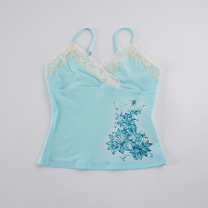 Camisola Vintage Azul Claro con Encaje y Parches Florales, Top de Verano sin Mangas con Tirantes Finos y Acanalado para Mujer - Product Image 6
