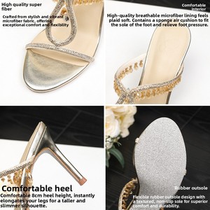 Sandalias de tacón alto estilo francés con correa de encaje, colgante de punta, cinta de diamantes de imitación, color champán, tacón de aguja y suela de goma. - Product Image 4