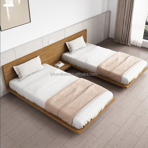 Minimalist Twin <b>Platform</b> <b>Bed</b> Set Low Profile Wooden Tatami Hotel <b>Bed</b> <b>Frame</b> with Headboard and Nightstand For 3 Star Hotel - Product Image 2