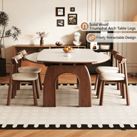 Table à manger extensible portable en bois massif et pierre frittée, style mi-siècle, avec pieds en arc rétro, pour petits espaces, mobilier de salle à manger