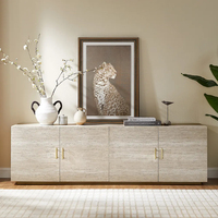 Meuble TV KUMUSI 84 pouces en travertin naturel avec rangement et étagères réglables, table console en pierre avec armoire
