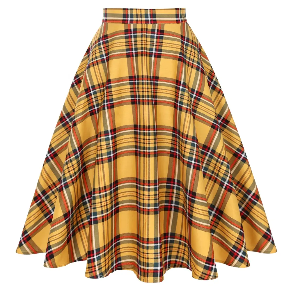 Yeni uzun etek SS0006 pamuk kadın sarı siyah mavi kırmızı ekose damalı etek 50s 60s Vintage etekler faldas