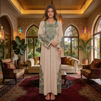 Robe Abaya de style arabe brodée de fleurs pour femmes, robe à manches longues, longueur cheville, taille unique, polyester, matière respirante