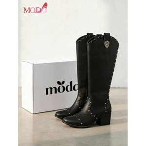 Botas Altas Modi con Decoración de Remaches y Tacón Grueso, Color Negro, para Oficina, Mujer - Product Image 3