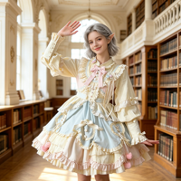 Ensemble robe Lolita JSK Sweet Pastel Doll avec nœud et pompons décoratifs, costume de cosplay anime, tenue décontractée pour femme