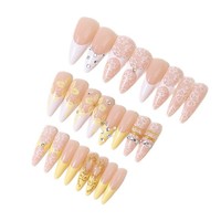 Faux Ongles de Luxe à Coller Stiletto Dorés Dentelle Florale Faits Main Réutilisables Cadeau pour Femme Vente en Gros Dropshipping