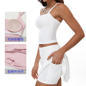 Logo kustom 78 nilon 22 spandeks wanita pakaian tenis persegi Tank Top leher persegi 2 in 1 Set rok A-line aktif picleball setelan cepat kering - Product Image 3