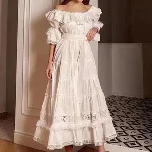 女性のための新しいドロップシッピングエレガントな白いヴィンテージオフショルダーロングマキシドレス