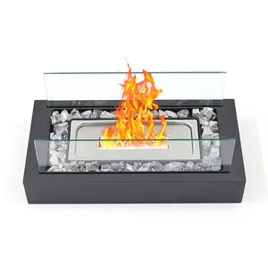 Modern Designer Rectangular Steel Ethanol Fireplace Freestanding Outdoor Tabletop Fire Pit With Stone Decoration