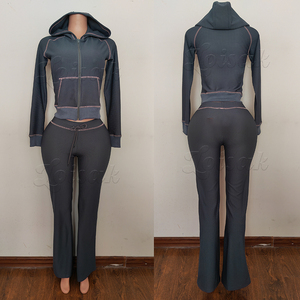 Set di <span class=keywords><strong>tuta</strong></span> da <span class=keywords><strong>donna</strong></span> a maniche lunghe con cerniera con foro per il pollice e <span class=keywords><strong>pantaloni</strong></span> a zampa larga set da salotto in due pezzi - Product Image 4