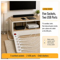 Multiprise industrielle et hospitalière blanche avec 5 prises, 2 ports USB (A et Type-C), interrupteur et cordon personnalisé H05VV-F