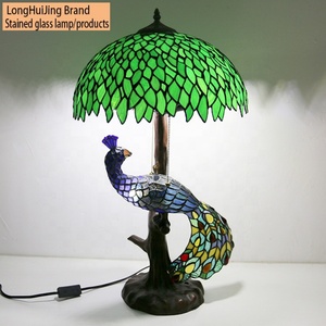 LongHuiJing 16Inch Green Leaf Stained Glass Tiffany Style Desk <b>Lamp</b> with Dome Shade AC Powered Resin Peacock Tree <b>Base</b> - Product Image 1