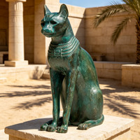 Statue de chat égyptien assis en bronze verdigris, ornement de cour de manoir de style rétro historique sur mesure