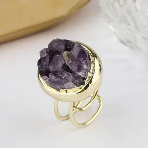 24k Gold Colored Plating Druzy Amethyst Ring