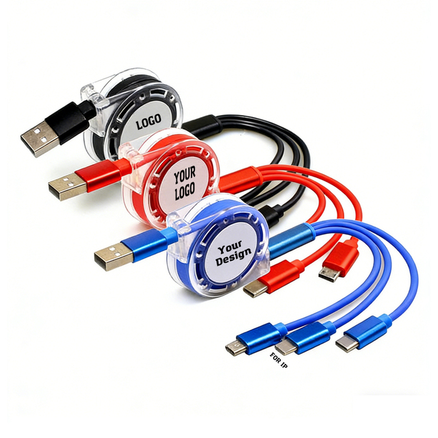 Wholesale Custom Logo Retractable 3 in 1 Charger Power Flat USB Cable Charging Mobile Phone USB Charger for Gift Promotional