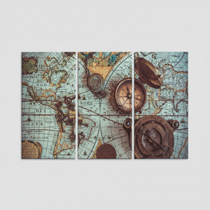 Vintage World <b>Map</b> Canvas Print: Elegant Brass Compass Wall Art,SET OF 3 CANVAS - Product Image 2