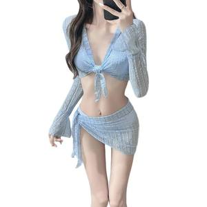 Conjunto <span class=keywords><strong>de</strong></span> Bikini Brasileño Sexy <span class=keywords><strong>de</strong></span> Cuatro Piezas para Mujer, Blusa <span class=keywords><strong>de</strong></span> Manga Larga, Camisa con Lazos, Falda Sólida, Protección Solar, Talla Grande - Product Image 5