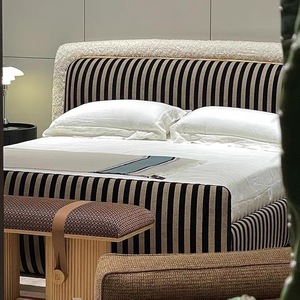 Fen di giường vải đám mây giường cổ tối giản màu đen và trắng sọc giường gỗ rắn tùy chỉnh phòng ngủ biệt thự giường đôi - Product Image 3