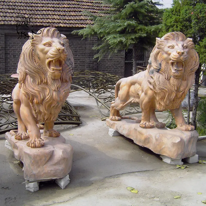 Decorativo al aire libre grande piedra natural tallada jardín Animal escultura tamaño real mármol León estatuas para la venta