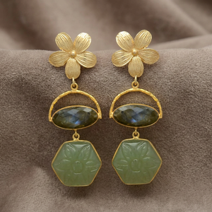 Pendientes de Flor Dorada con Gemas de Jaipur, Labradorita y Jade, Diseño Étnico Chapado en Oro para Mujer, Unisex, para Fiestas - Product Image 2