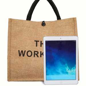 Sac fourre-tout en jute personnalisé avec logo, fermeture éclair, réutilisable, pour courses, avec poignée d'épaule et impression de lettres, idéal pour supermarché et voyage - Product Image 3