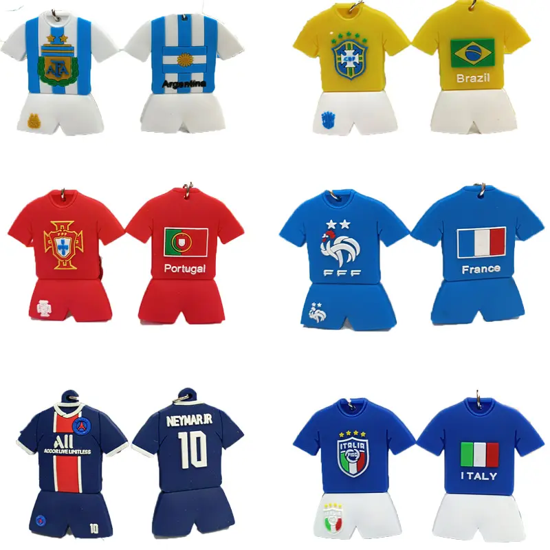 Spot futebol jersey pvc fãs lembranças frança brasil espanhol chaveiro atacado dropshipping
