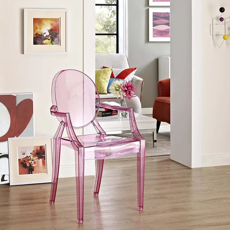 Factory Wholesale Lovely Design Armrest Restaurant Chairs Pink Plastic Ghost Hotel Wedding Event Chairs with Arms