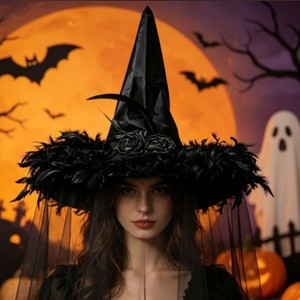 Nuovo Cappello da Strega di Halloween con Decorazione in Piume, Bicolore Nero e Viola, Accessorio per Trucco e Cosplay - Product Image 4