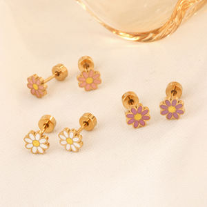 Crisantemo carino orecchini a fiori in smalto 18K oro placcato gioielli in acciaio inox per bambini e donne ragazze - Product Image 2