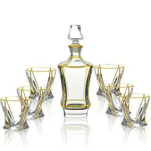 N67 Hotsale威士忌玻璃杯套装金色线条彩绘威士忌酒瓶，带6个玻璃杯