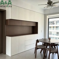 Buffet moderne SLS en noyer foncé avec étagère flottante LED, crédence en marbre, bar à café modulaire et armoire de rangement