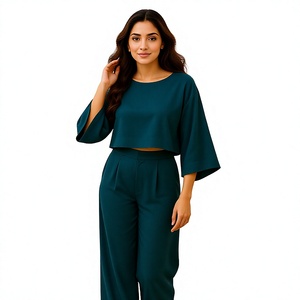 High Quality Women's Teal Polyester Two Piece Set <b>Three</b>-<b>quarter</b> Sleeve Cropped Top Wide Leg <b>Pants</b> Casual Semi Formal Breathable - Product Image 1