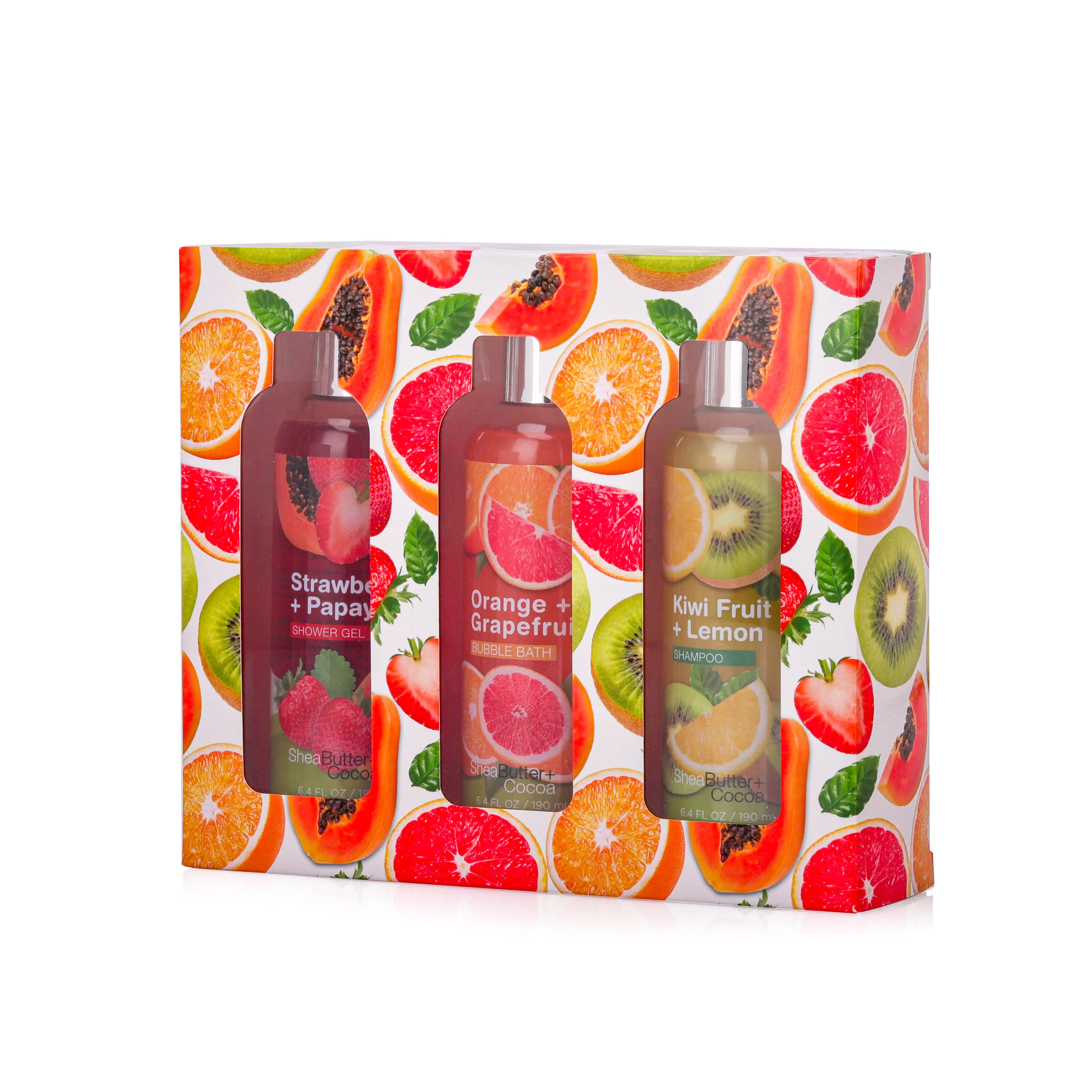 Customized wholesale fruit design women 190ml shower gel shampoo bubble bath spa gift set with paper box