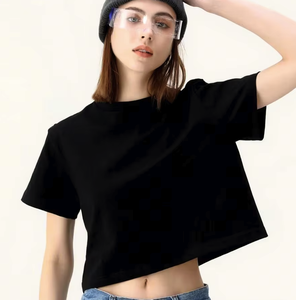 Women's 100 Percent Cotton <strong>Cropped</strong> Crew Neck Short Sleeve Tee Lightweight Skin Friendly for Street Campus Use - Product Image 1