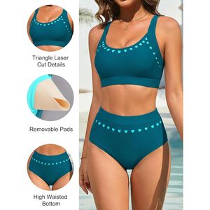 Conjuntos de bikini para mujer, traje de baño de 2 piezas con push-up, cuello redondo, cintura alta, traje de baño deportivo de secado rápido, licra y poliéster - Product Image 5