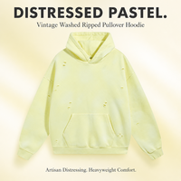 Sweat-shirt à capuche OEM épais déchiré jaune pâle, coupe oversize, épaules tombantes, poche kangourou, vente en gros