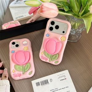 เคสโทรศัพท์มือถือซิลิโคนรูปดอกไม้น่ารัก พร้อมขาตั้งแบบยืดหดได้ สำหรับ iPhone 17 16 15 14 13 Pro Max ลายดอกทิวลิป ฝาหลังลายเมฆยาง - Product Image 3