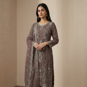 Costume en rayonne marron brodé pour femme avec dupatta, tenue traditionnelle indienne et pakistanaise, longueur cheville, coupe régulière, vêtement décontracté - Product Image 1