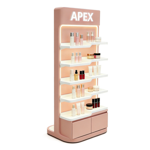 Étagère de présentation cosmétique LED personnalisée sur pied pour <span class=keywords><strong>magasin</strong></span> de cosmétiques, présentoir rose pour soins de la peau avec armoire de rangement - Product Image 3