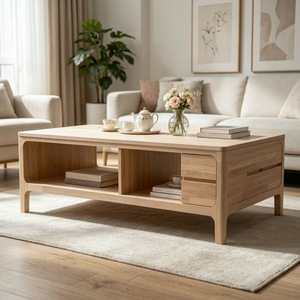 Table basse de rangement solide de qualité supérieure avec tiroirs et étagère ouverte, table centrale minimaliste de style nordique pour salon - Product Image 1